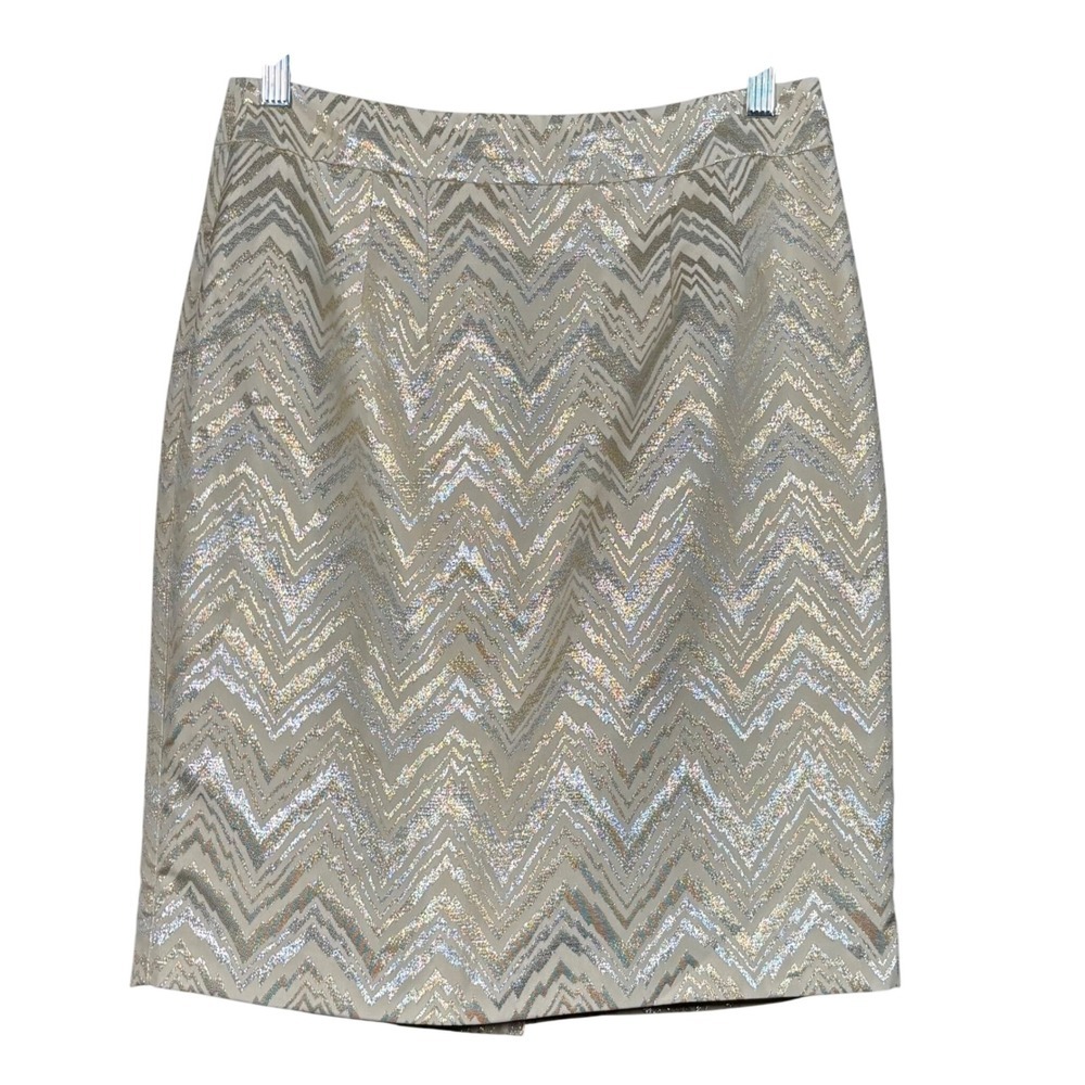 Trina Turk Gold Silver Metallic Chevron Jacquard Pencil Skirt Size 2